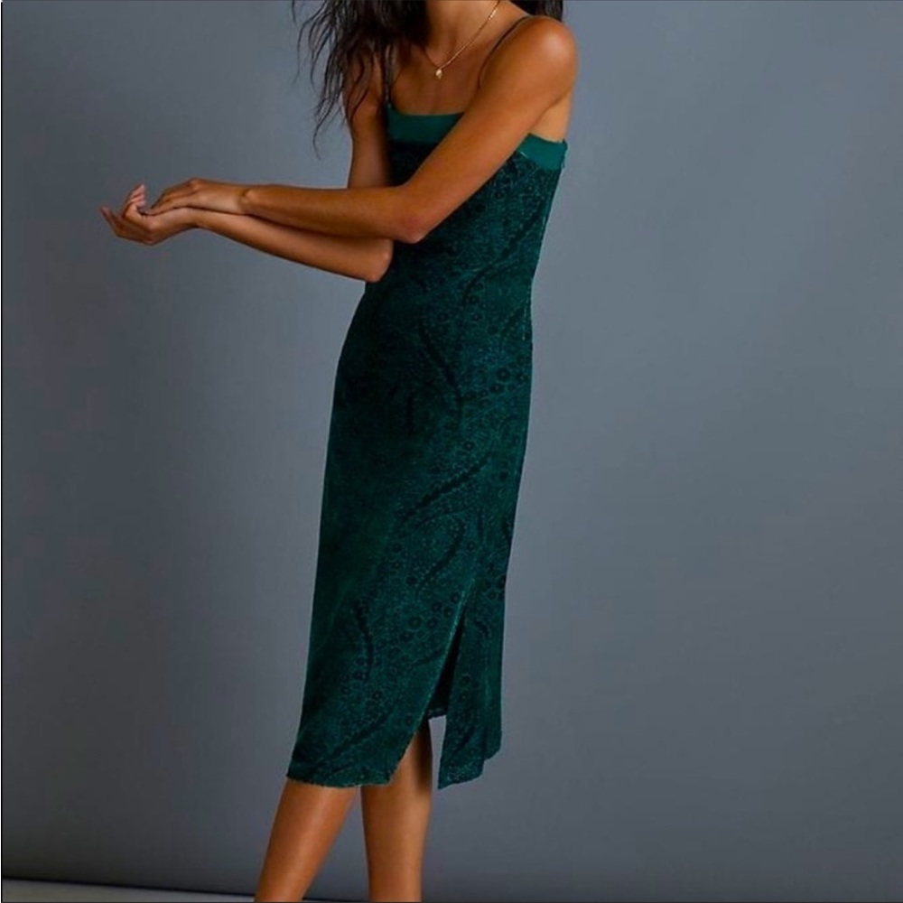 Anthropologie Aria Emerald Green Burnout Velvet Midi Sleeveless Slip Dress Sz 6